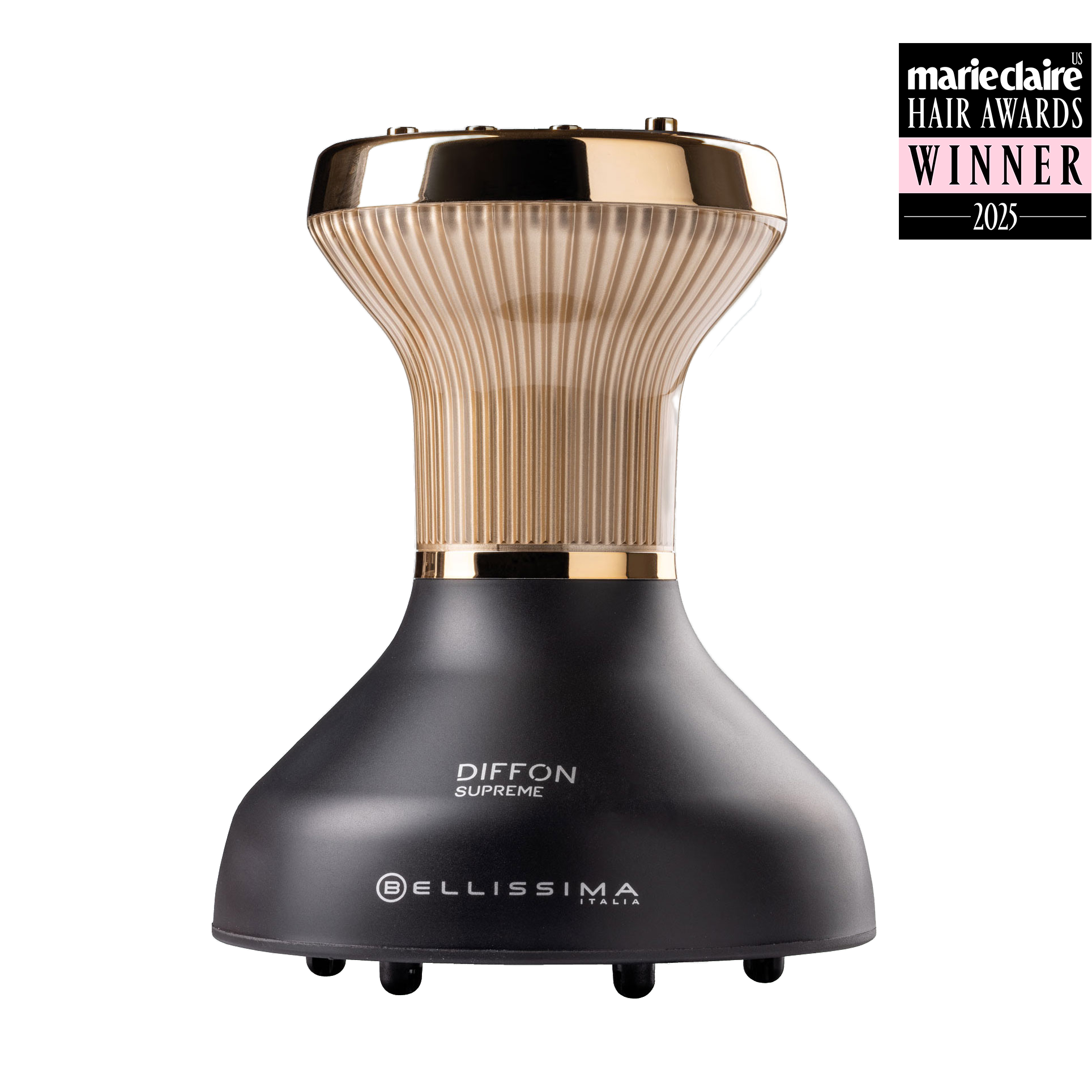 Hair styling tool with gold and black design, featuring 'DIFFON' and 'BELLISSIMA' branding, on a white background.