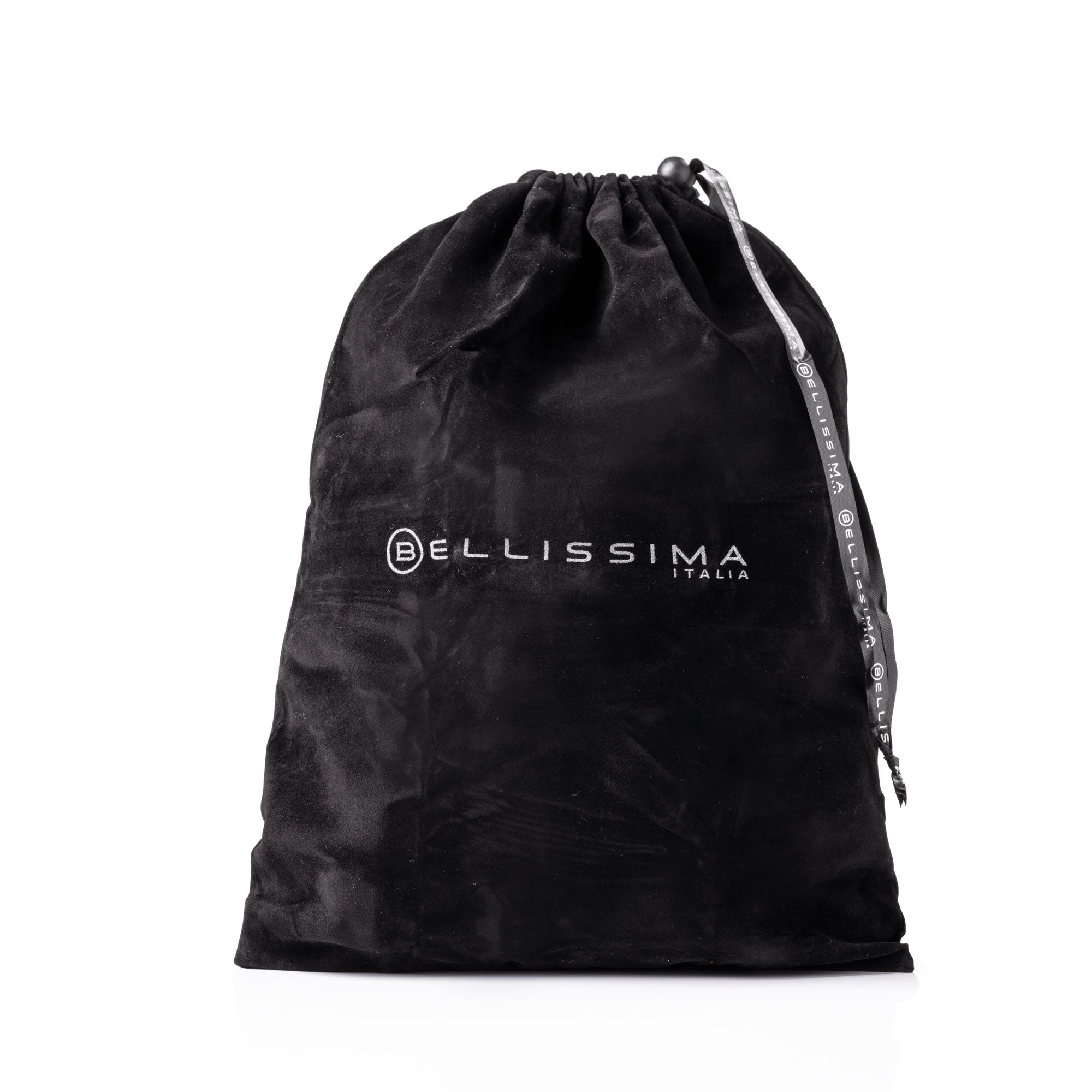 Black velvet drawstring bag with 'Bellissima Italia' logo on a white background for the Diffon Supreme